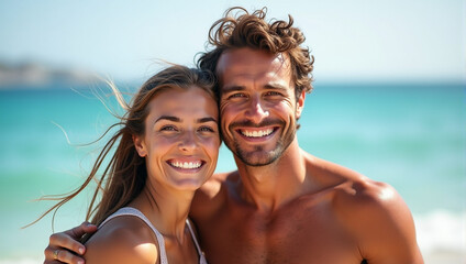 Young couple standing on a beach with the ocean in the background.