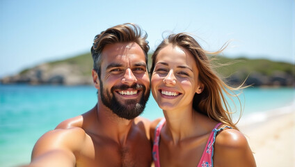 Obraz premium Young couple standing on a beach with the ocean in the background.