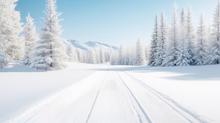 Obraz premium Snowy winter landscape, a pristine path through a frosty forest. A tranquil and breathtaking winter scene