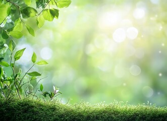Obraz premium Close-up of moss in the forest, blurred background, bokeh effect, macro photography, detailed texture of green foliage and small twigs, forest ambiance, nature-inspired image. Stock photo. 