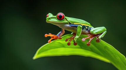 Naklejka premium Vibrant red-eyed tree frog perched on leaf showcasing vivid coloration and detail