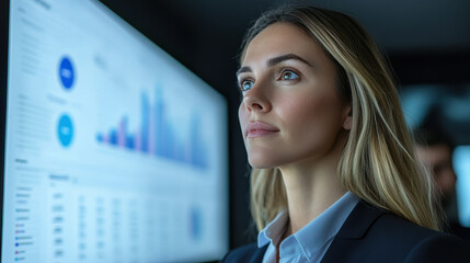 Fototapeta premium Business consultant analyzing data on digital screen with graphs and charts