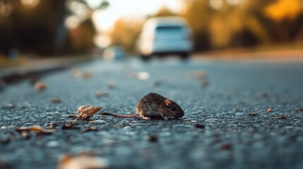 Mouse encounter on a quiet street urban environment wildlife photography close-up view of nature's struggles