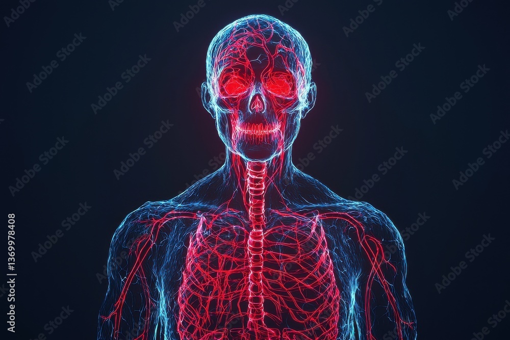 Poster exploring human anatomy science lab digital visualization dark environment 3d model concept