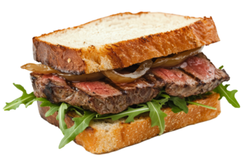 Gourmet steak sandwich with juicy beef slices, caramelized onions, and arugula, on a toasted baguette, white background