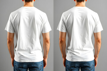 Two images of a man wearing a plain white T-shirt and blue jeans, viewed from the back, against a gray background.