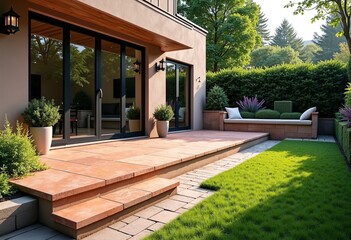 Step into English Garden Paradise: A Red Sandstone Patio with Built-in Seating, Stone Steps, and a Modern Urban House Blending Classic and Contemporary Design.

