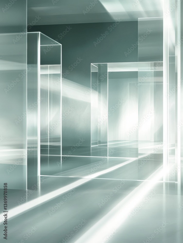 Aufkleber floating transparent glass panels create futuristic minimalist interior with soft glowing edges, pre