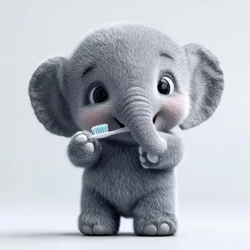 Cute elephant brushing teeth. A small, fluffy elephant holds a toothbrush, ready to clean its teeth. It's a charming, whimsical image perfect for children