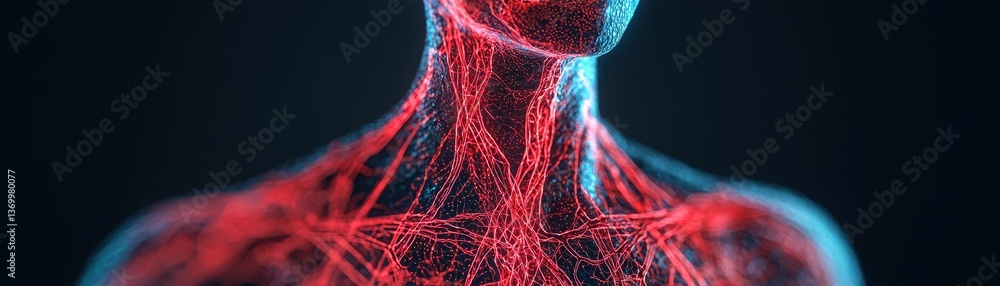 Poster exploring human anatomy vascular system digital art abstract visualization dark background close-up 