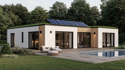 Modern eco-friendly house with solar panels and wooden deck