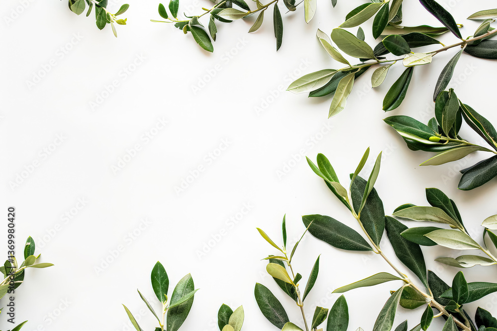 Poster white background with a row of green leaves. the leaves are arranged in a way that they form a borde