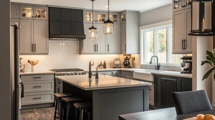 Modern kitchen interior, gray cabinets, island, spacious