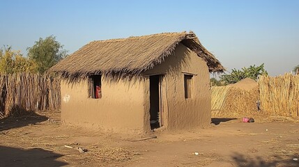 Rural Homestead With Mud Brick Home And Thatched Roof, Offering A Glimpse Into Traditional African Architecture And Simple Village Life.