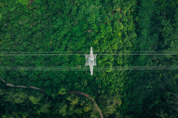Aerial view of high voltage electricity tower on mountain