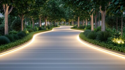 Obraz premium Path A sustainable urban walkway lined with trees and eco friendly lighting.