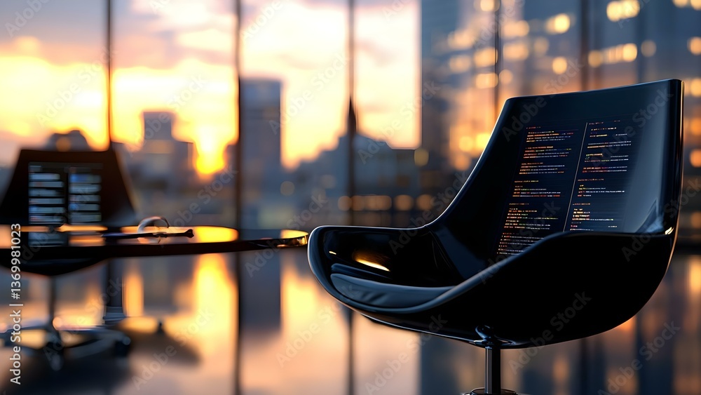 Poster a modern chair in an office setting, with a city skyline at sunset and coding text displayed on the 