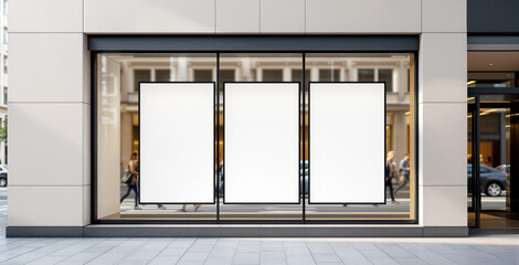Empty posters in storefront window with clean design on modern city background, concept of mockup display for branding, ad showcase or presentation. Ai generative