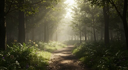 Fototapeta premium Walking Path Through a Misty Forest with Sunlight Streaming Through Trees