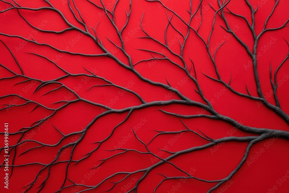 Poster intricate branch patterns on vibrant red background artistic display abstract photography studio atm