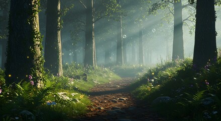Obraz premium Walking Trail Through Enchanted Forest with Sun Rays and Magic Dust