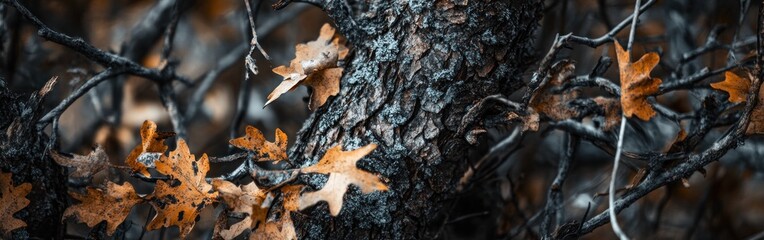 Textured tree bark with autumnal oak leaves in nuanced lighting