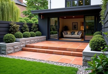 Obraz premium A Sanctuary of Red Sandstone: Capture the Essence of a Classic English Garden Patio with Built-in Stone Seating, Lush Greenery, and a Modern Urban Home in the Background.