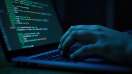 close-up of hands of person actively typing or interacting with laptop keyboard. lines of computer code, and digital overlay of translucent icons and avatars.	