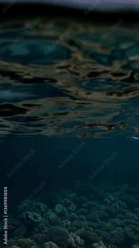 Poster serene ocean surface transitioning from calm to rippling waves beneath overcast sky