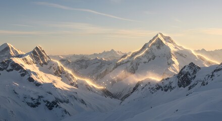 Snowy Mountain Peaks Glowing at Sunrise in Winter Alpine Landscape