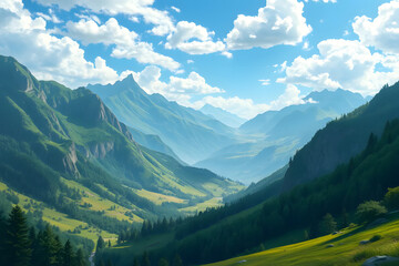 Fototapeta premium A picturesque mountain valley with lush green meadows, towering peaks, and a clear blue sky with fluffy clouds. A small village is nestled in the valley, surrounded by dense forests.