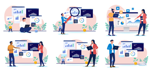 Business data analytics collection - Set of vector illustrations graphics with group or team of businesspeople analysing charts, insights, graphs and diagrams working with company growth
