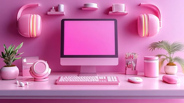 Pink minimalist workspace with computer, 3D rendering