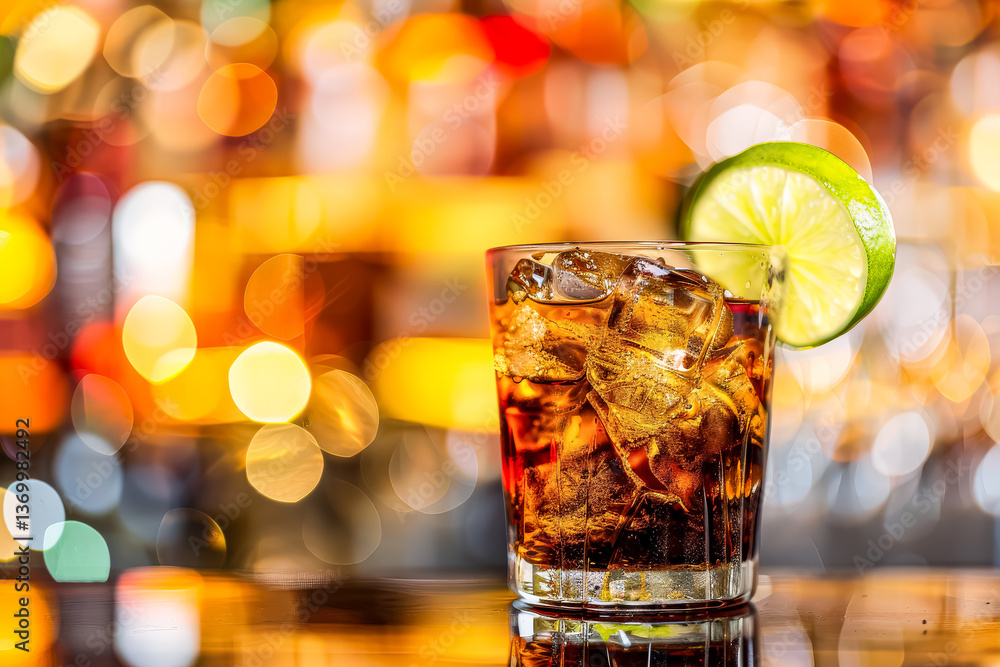 Aufkleber glass of soda with a lime slice in it. the drink is on a table in a bar