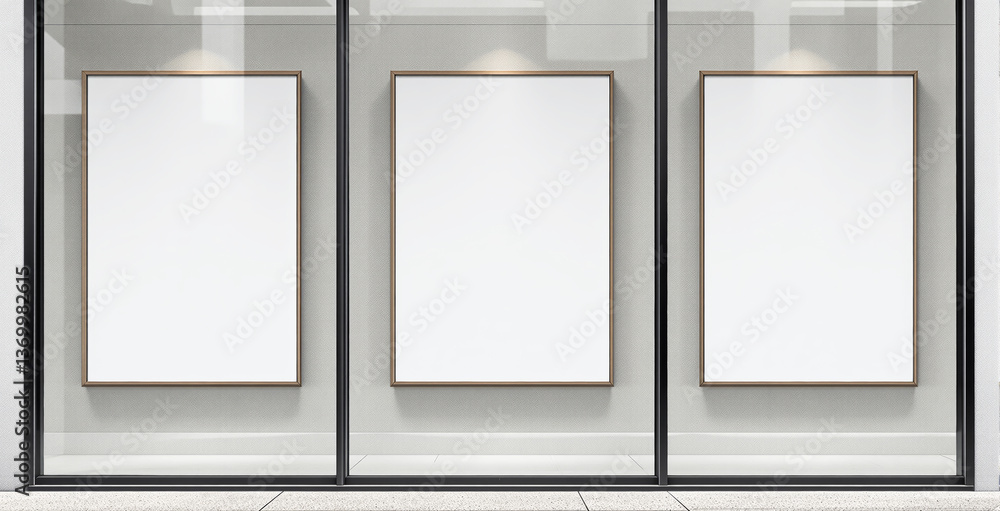 Poster three empty posters in wooden frames on a clean modern building facade, minimal layout with soft lig