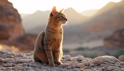 Oriental Shorthair cat lounging in a rugged desert landscape radiating joy and contentment, embodying the spirit of a happy pet enjoying the beauty of nature.