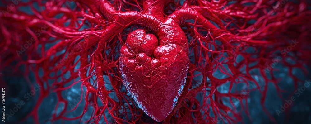 Poster intricate red heart structure abstract art digital rendering vibrant environment close-up view emoti