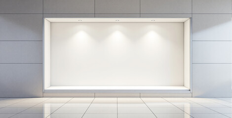 Blank exterior display window with soft lighting, minimal design on light tiled background, concept of showcase or street poster presentation. Ai generative