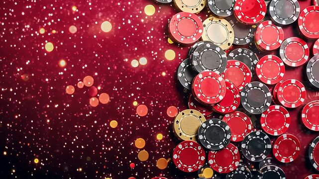Colorful Casino Chips with Bokeh Lights on Red Velvet Background for Gambling and Gaming Themes

