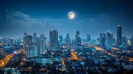 Obraz premium Stunning Cityscape at Night with Full Moon Over Urban Skyline
