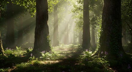 Obraz premium Walking Through Sunlit Forest Path with Green Trees and Wildflowers