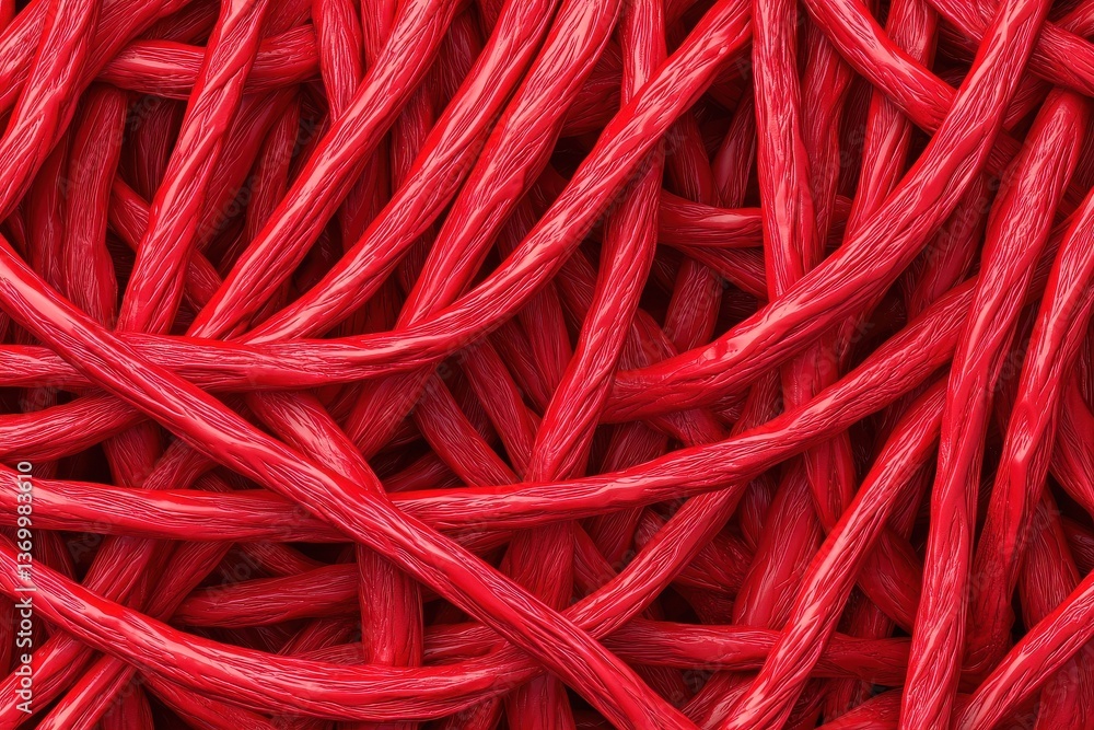 Poster twisting red cords studio setting close-up texture vibrant environment artistic perspective