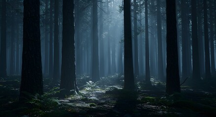Fototapeta premium Walking Through Misty Forest with Light Rays Shining Through the Trees