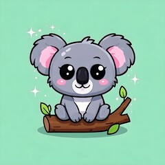 Cute Illustration of a Kawaii Koala Sitting on a Tree in Pastel Colors