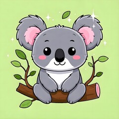 Sweet Kawaii Koala Bear Sitting on a Tree with Solid Color Background