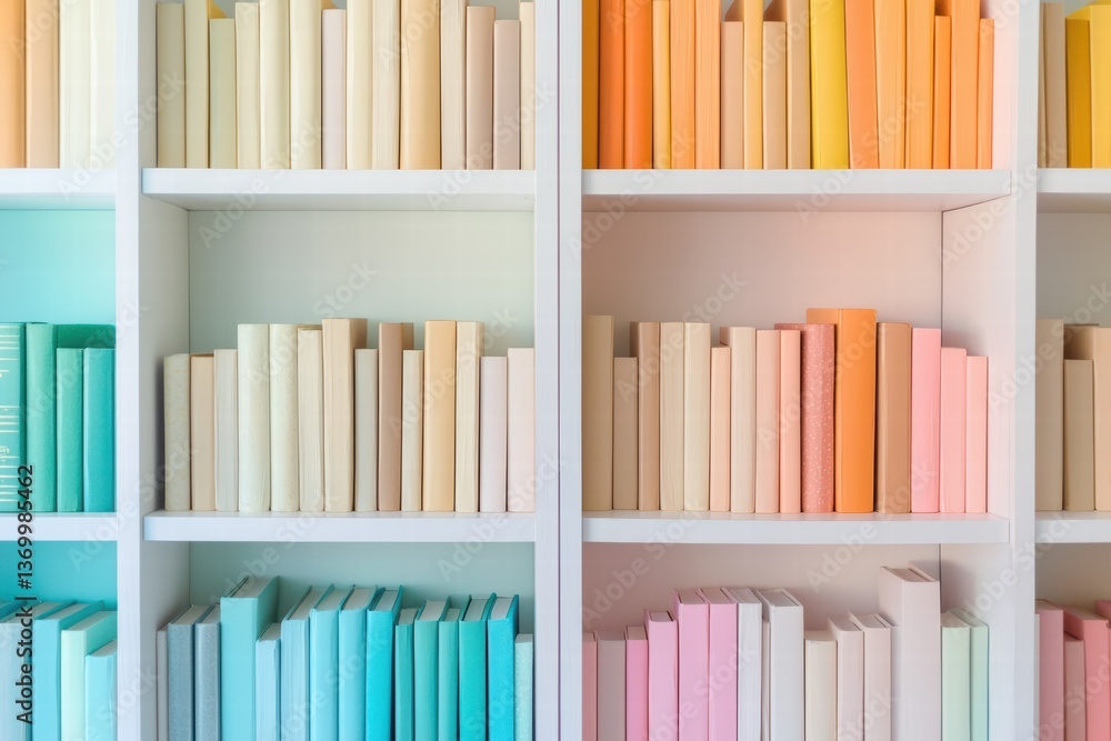 Poster vibrant library corner features pastel colored books arranged neatly on white shelves, creating chee