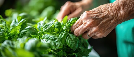 close up of hand carefully arranging fresh basil leaves, showcasing vibrant green color and texture of herbs, evoking sense of freshness and culinary delight