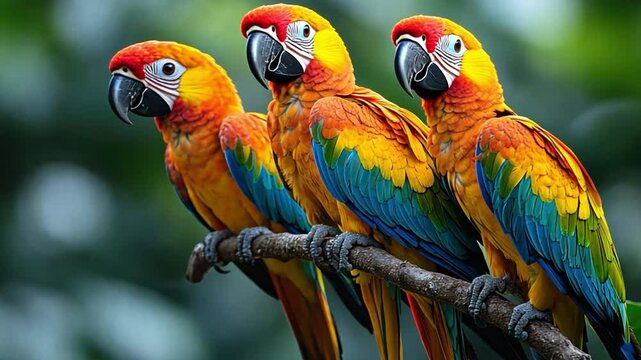 Colorful Trio: A vibrant trio of parrots, their brilliant plumage a feast for the eyes, perches regally on a sturdy branch, set against a blurred backdrop of lush greenery.