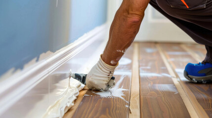 worker applying sealant to baseboard