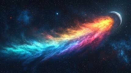Fototapeta premium Breathtaking cosmic landscape featuring a vibrant nebula trailing behind a celestial body. Perfect for science fiction, fantasy, and space exploration themes.